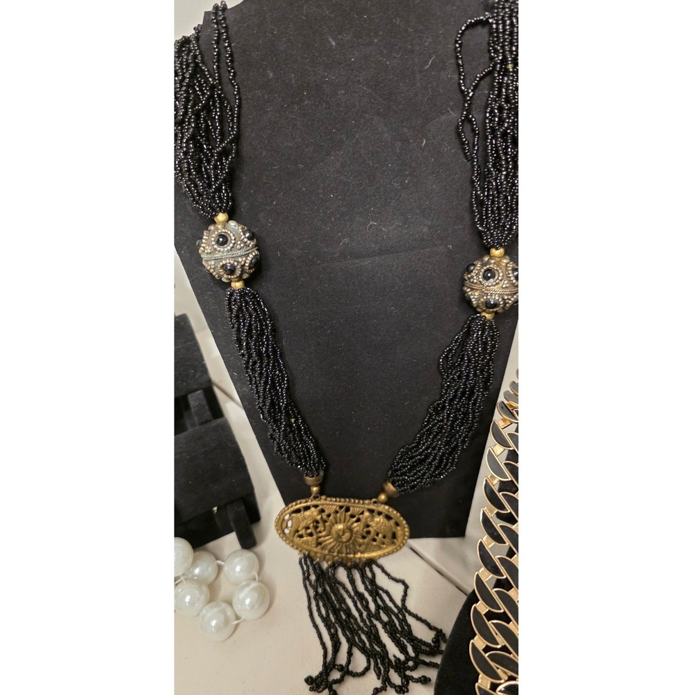 Vintage Necklace Statement Black Multi Stand Beaded Brass Sun Elephant Pendant